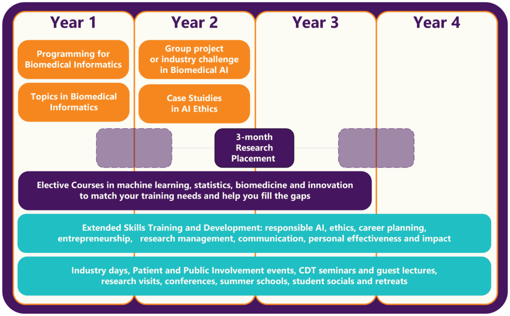 The image illustrates CDT programme structure. "Programming for Biomedical Informatics" and "Topics in Biomedical Informatics" courses are is in Year 1. "Group project or industry challenge in Biomedical AI" and "Case Studies in AI Ethics" are in Year 2. 3-month research placement is in Year 1, 2, or 3. Elective courses are spread across the first 3 years. Extended skills training and development, as well as stakeholder engagement days, CDT guest lectures and research visits are spread across all 4 years of the programme